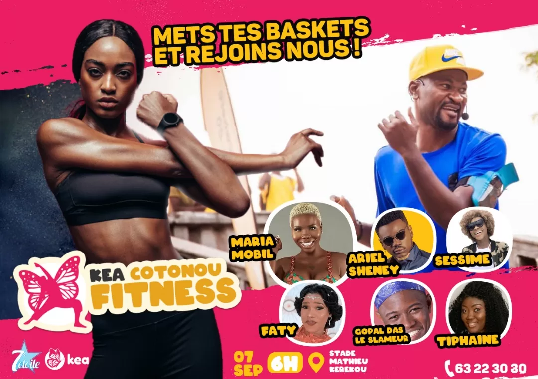 Une femme s’étire face à un homme en tenue sportive dans une ambiance colorée d’invitation à un événement fitness