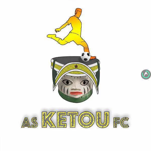 Illustration d un joueur de football en action sur un masque traditionnel avec texte AS KETOU FC en-dessous