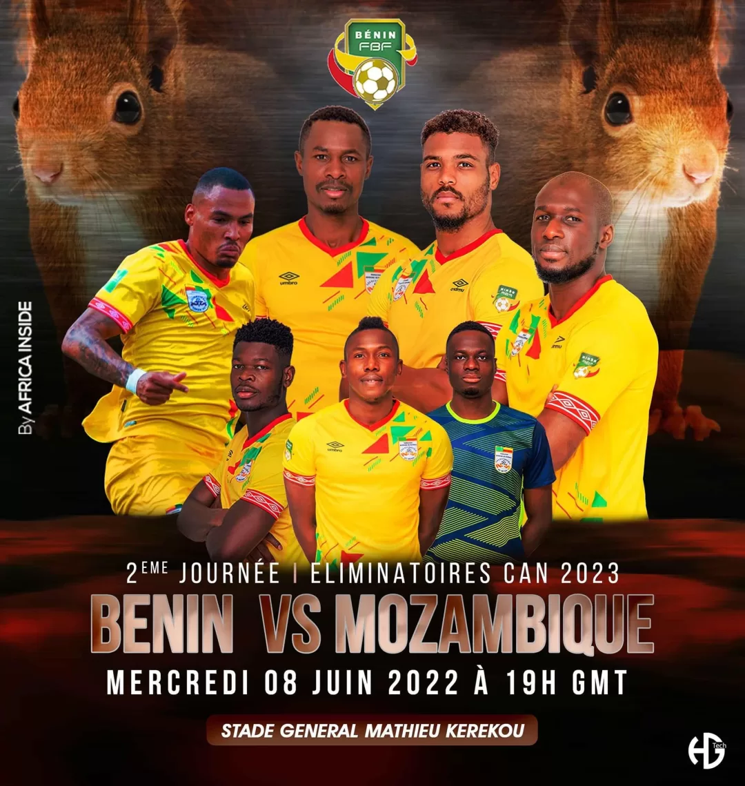 Montage de sept joueurs de football en maillot jaune avec logo de leur fédération devant deux écureuils géants et texte sur match à venir