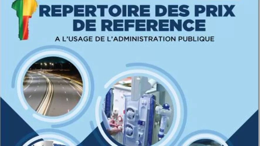 Affiche colorée avec texte sur un répertoire des prix de référence et quatre images circulaires illustrant routes, équipements et produits industriels