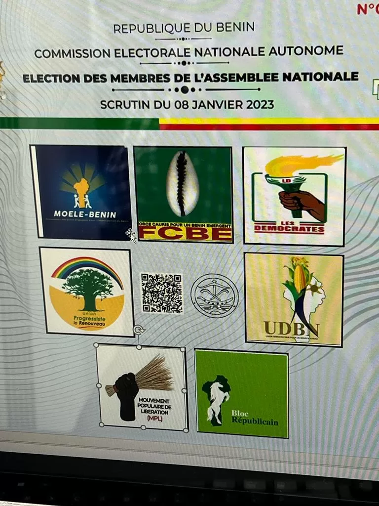 Bulletin électoral avec logos de huit partis politiques disposés en trois rangées et texte officiel en haut