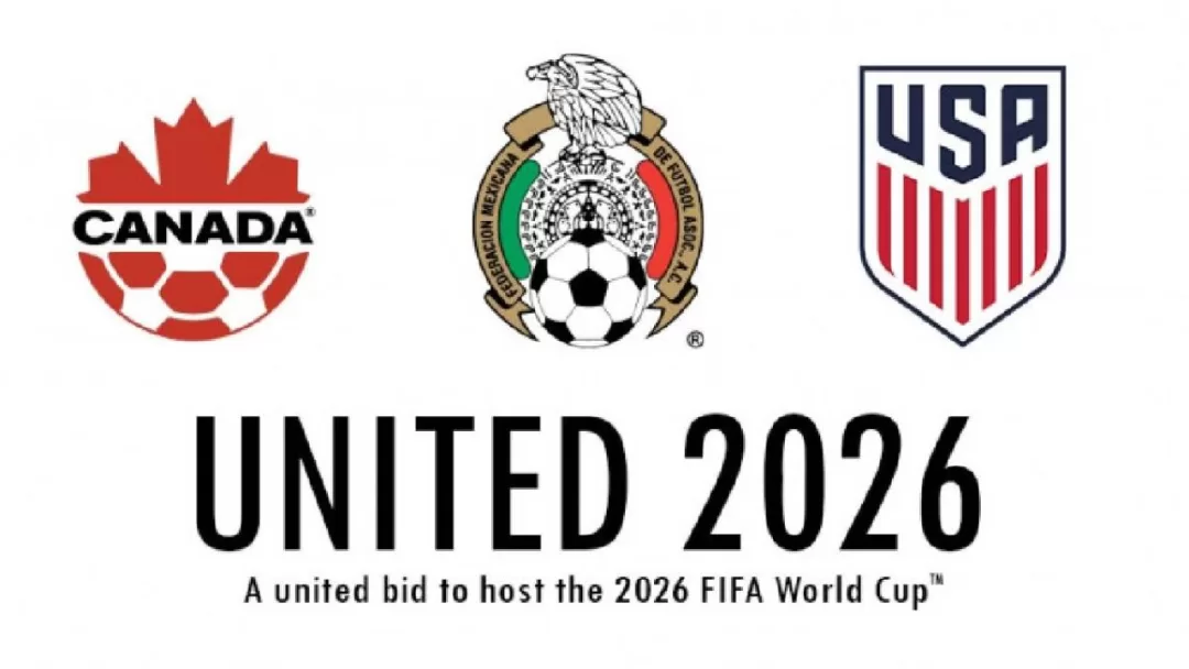 Trois logos représentant le Canada, le Mexique et les États-Unis accompagnés du texte UNITED 2026 et une mention de la Coupe du Monde FIFA 2026
