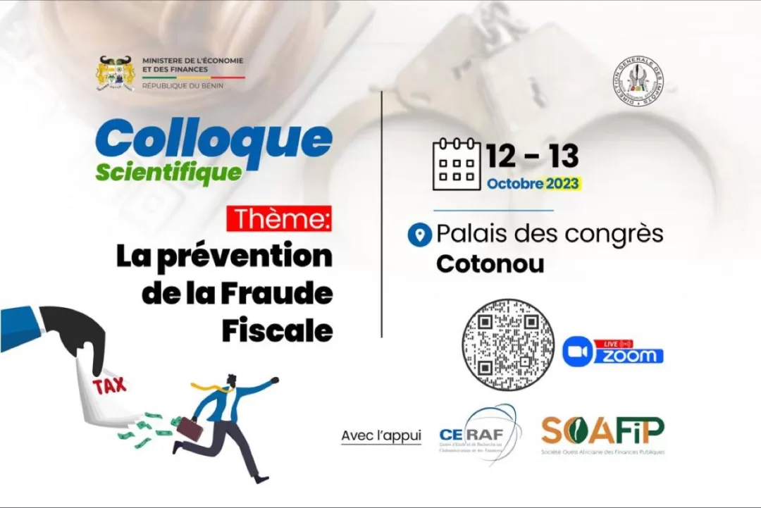 Affiche annonçant un colloque scientifique sur la prévention de la fraude fiscale les 12-13 octobre 2023 au Palais des congrès Cotonou