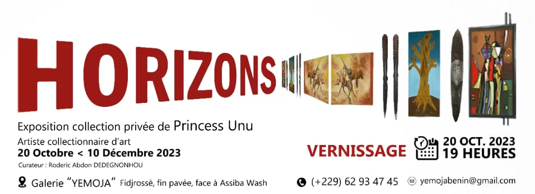 Affiche avec le titre Horizons en grands caractères et des informations sur une exposition artisanale avec œuvres et coordonnées de la galerie Yemoja