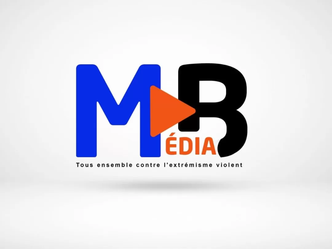 Logo bleu et noir avec un triangle orange symbole de lecture et le slogan contre l'extrémisme violent