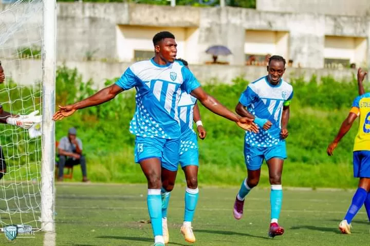 Deux joueurs en maillots bleus célèbrent un but sur un terrain de football en gazon synthétique