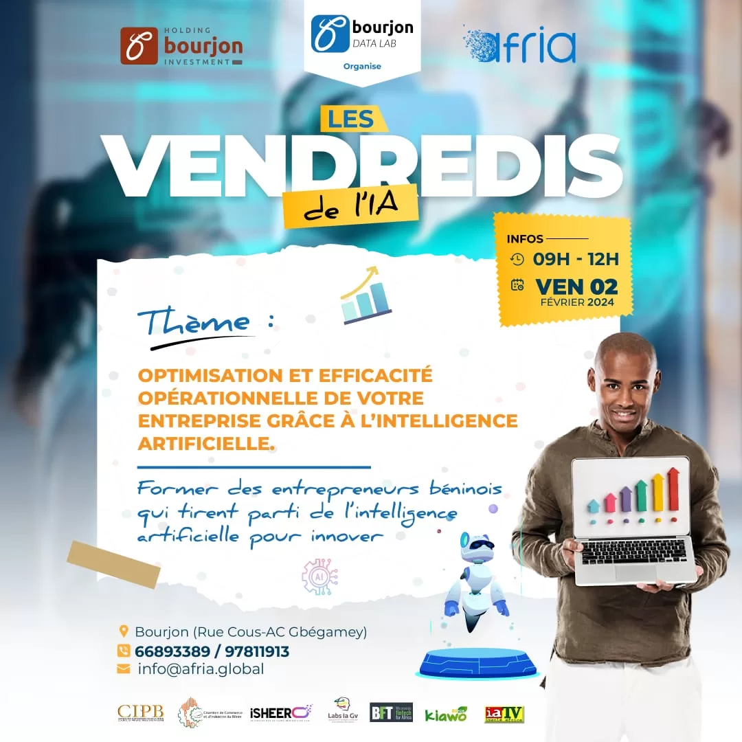 Homme souriant tenant un ordinateur portable affichant un graphique de croissance coloré sur fond d’affiche d’événement sur l’intelligence artificielle