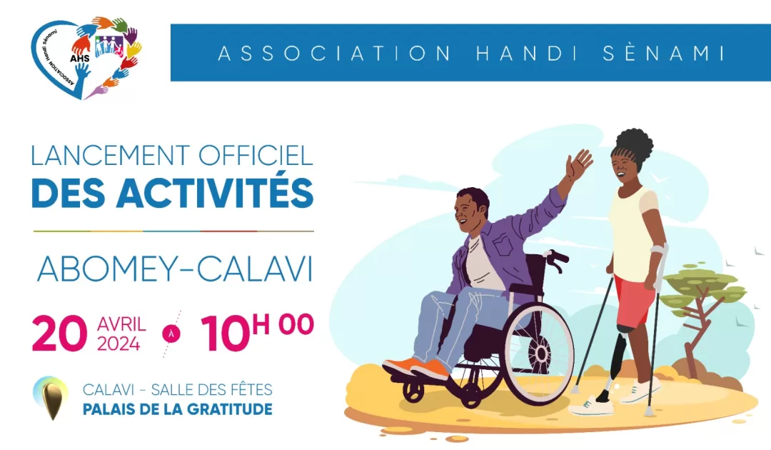 Affiche annonçant le lancement officiel des activités de l’Association Handi Sénami avec illustration de deux personnes dont une en fauteuil roulant