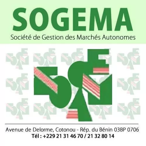 Logo et coordonnées d une société de gestion des marchés autonomes au Bénin sur un fond vert pâle