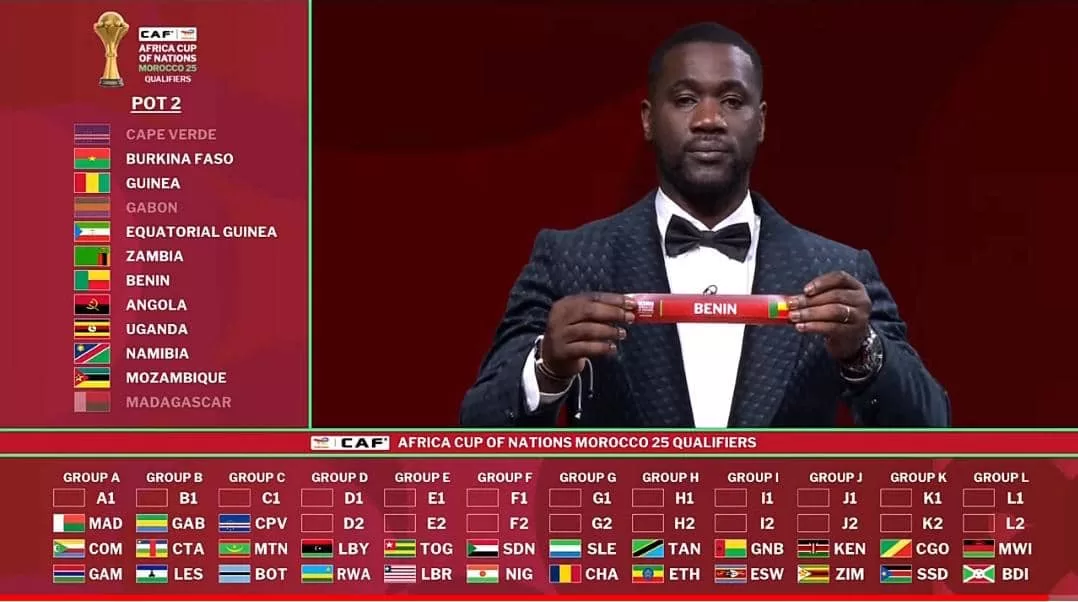 Un homme en costume tenant un papier rouge avec l’inscription « BENIN » sur fond rouge avec listes de pays et drapeaux à gauche et en bas