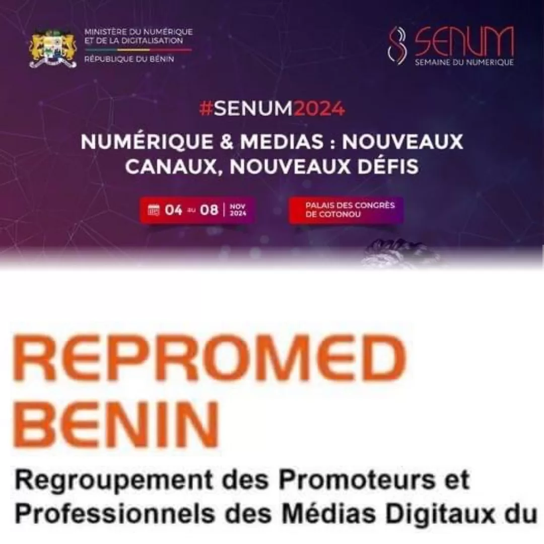 Affiche pour SENUM 2024 sur numérique et médias avec logo REPROMED BENIN et texte explicatif en français