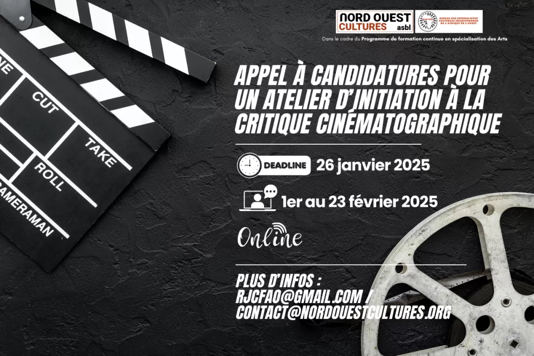Claquette de cinéma et bobine argentique posées sur une surface noire avec texte d’appel à candidatures pour un atelier de critique cinématographique
