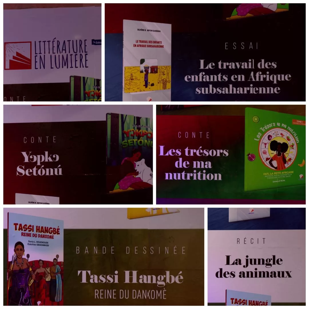 Collage d affiches présentant cinq œuvres littéraires autour de thèmes variés dont enfants, nutrition et une bande dessinée