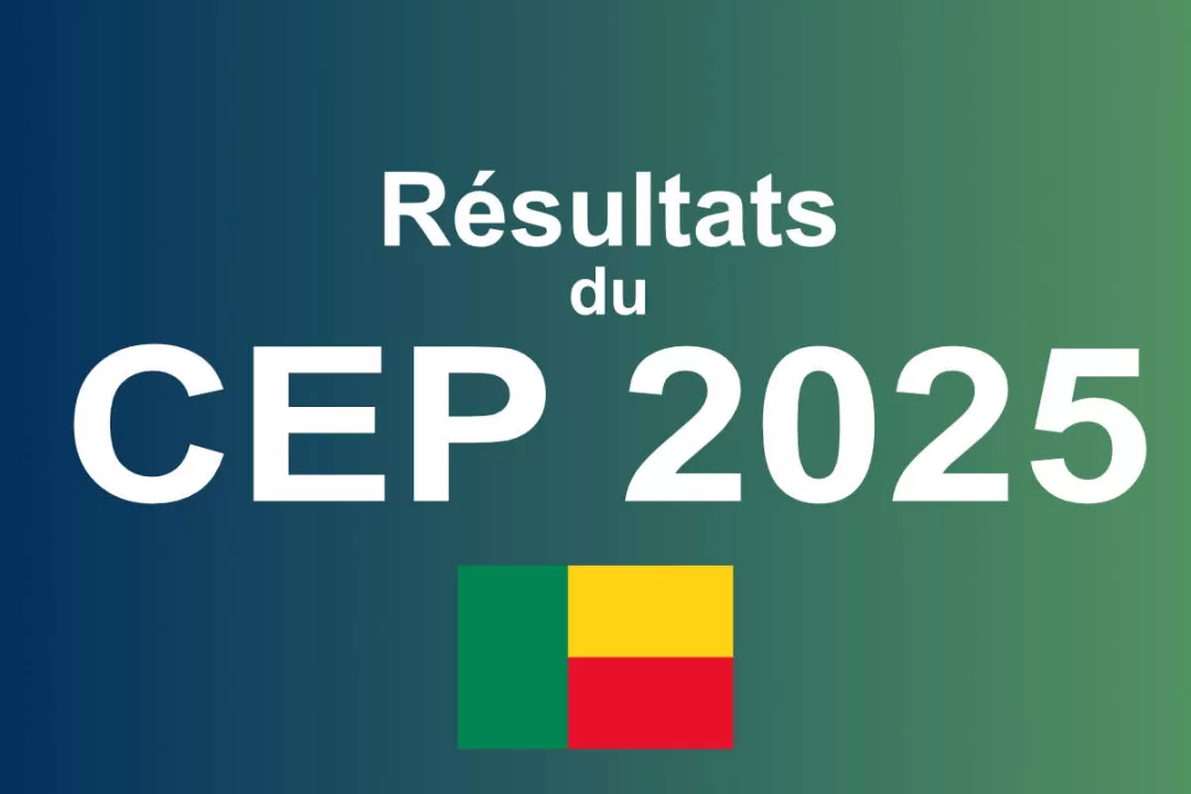 Texte blanc sur fond dégradé bleu-vert avec un petit drapeau jaune, rouge et vert et l’inscription Résultats du CEP 2025