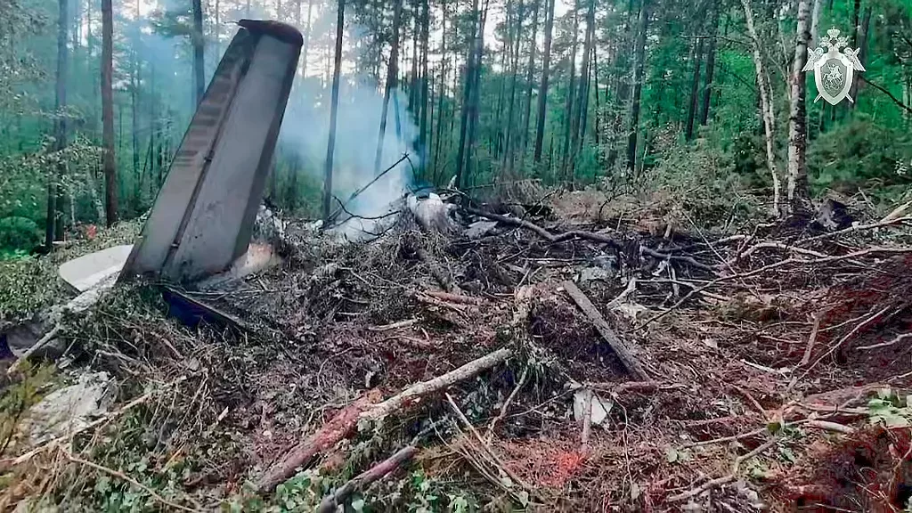 Épave calcinée d’un avion dans une zone boisée avec de la fumée légère et des arbres autour