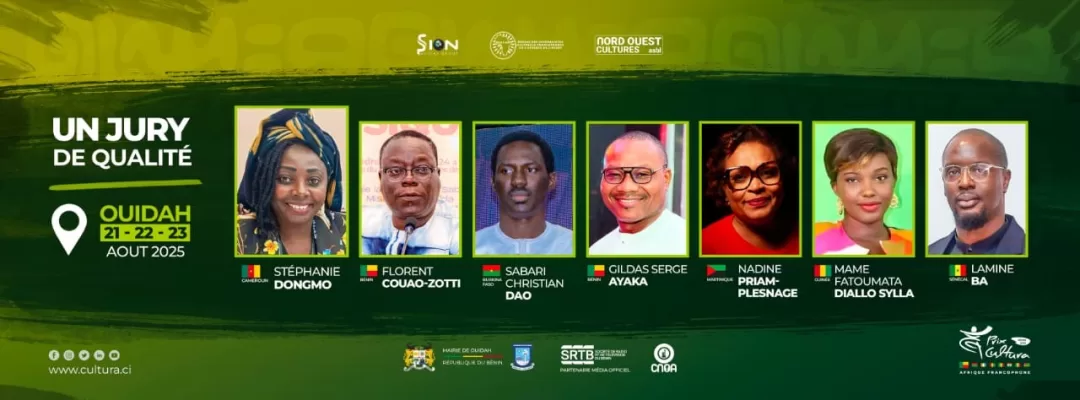 Portraits de six membres d un jury alignés avec noms et dates du 21 au 23 août 2025 affichés sur fond vert et jaune