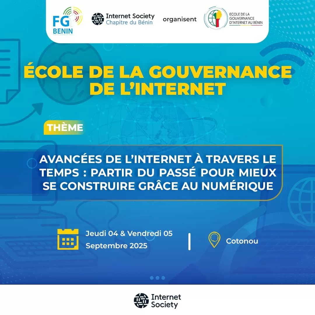 Affiche colorée annonçant une école de la gouvernance de l’internet avec dates et thème sur fond bleu et jaune
