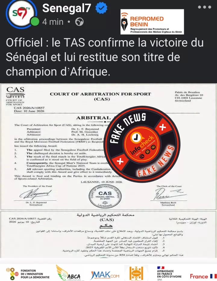 capture d’écran d’un post sur un litige sportif avec un tampon « fake news » et logo d’info check