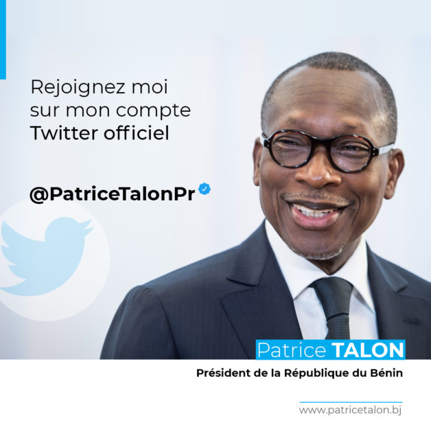 Homme souriant en costume noir et lunettes avec texte invitant à rejoindre son compte Twitter officiel @PatriceTalonPr