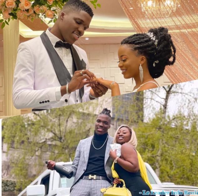 Un couple échange un anneau lors d’une cérémonie de mariage en intérieur et un duo pose devant une voiture avec du champagne et de l’argent en extérieur