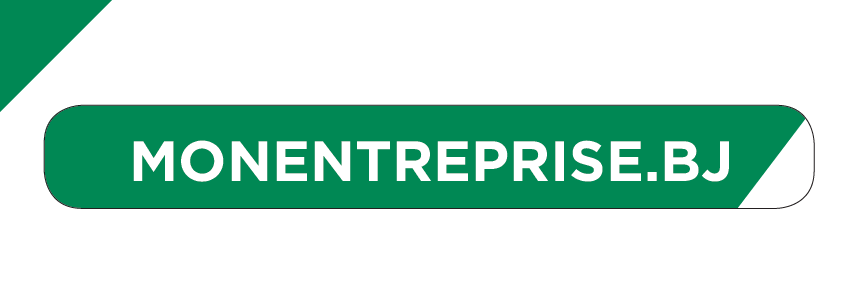 Logo vert et blanc avec l'inscription monentreprise.bj sur fond blanc et forme géométrique verte dans un coin
