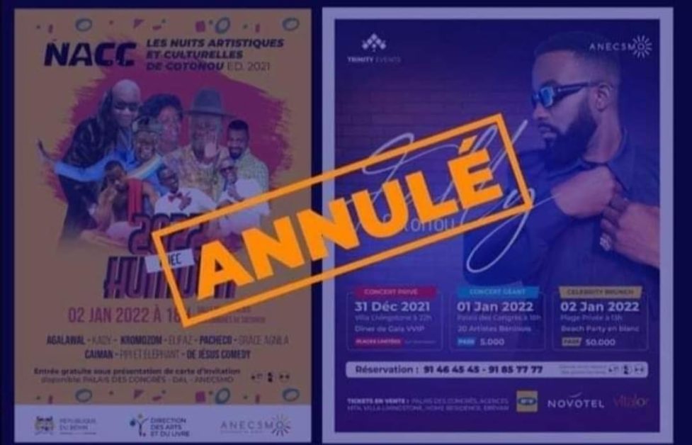 Affiches d événements culturels avec un tampon orange « ANNULÉ » en surimpression sur les deux affiches