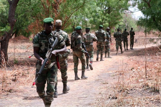 Des soldats en tenue de camouflage marchent en formation sur un sentier au milieu d un terrain sec et arboré