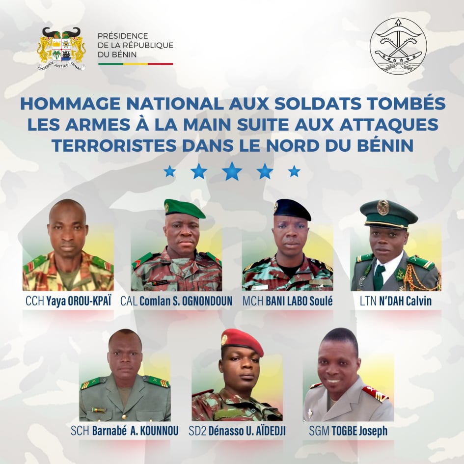 Portraits officiels de sept soldats encadrés par des insignes et un texte d’hommage national en bleu sur fond clair