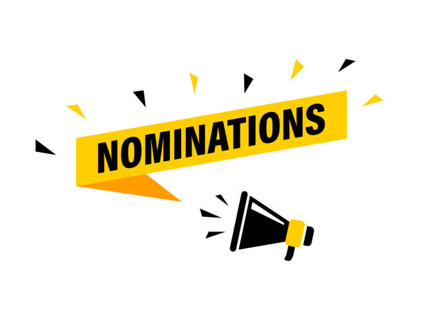Texte NOMINATIONS en capitale noire sur un fond jaune avec un mégaphone stylisé noir et jaune à droite