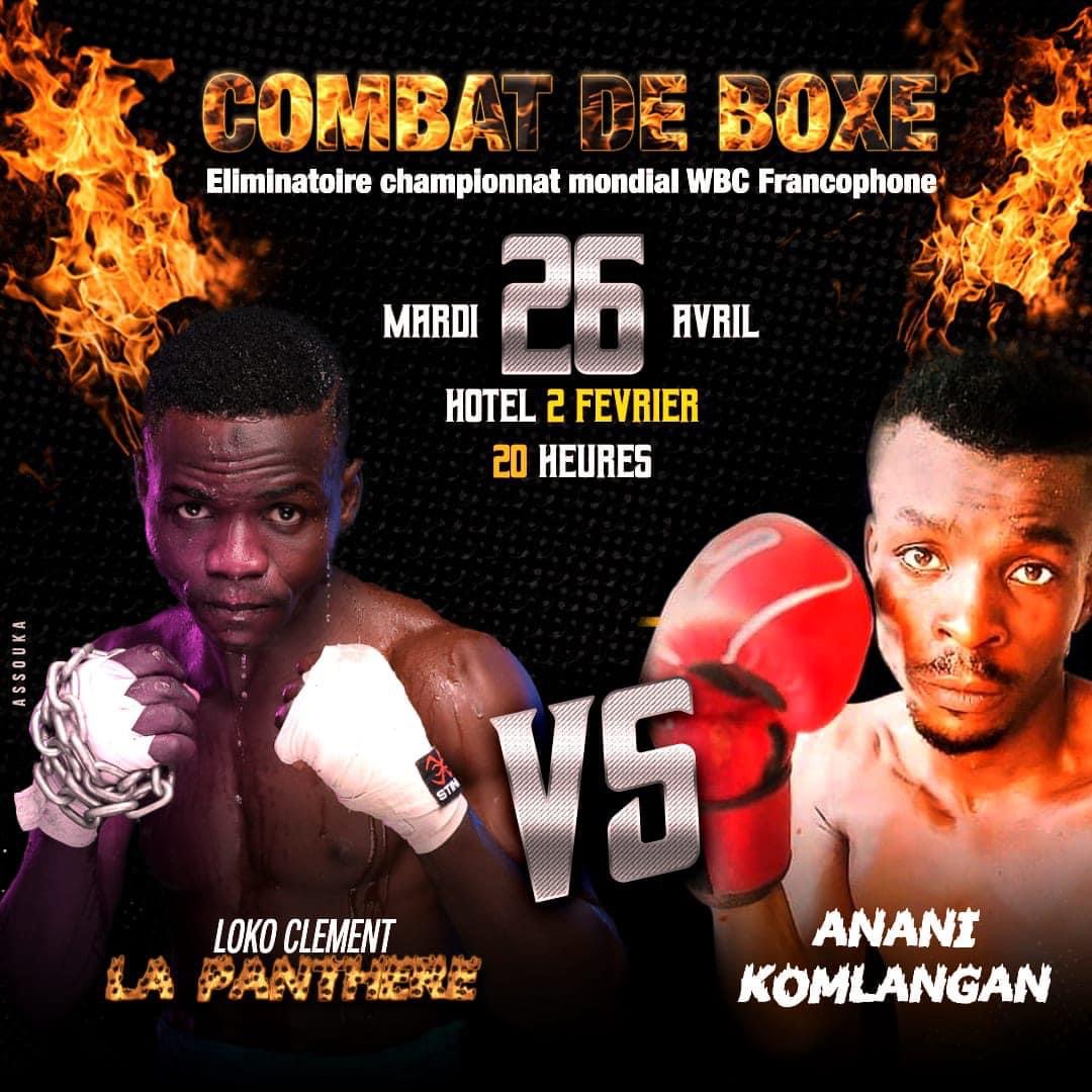 Affiche avec deux boxeurs en position de combat encadrés par des flammes et texte annonçant un combat de boxe le 26 avril à 20 heures