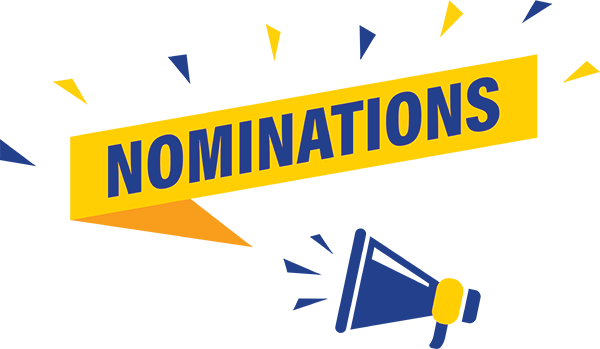 Lettrage jaune et bleu sur fond noir avec un mégaphone stylisé et le mot nominations en lettres capitales jaunes sur fond bleu
