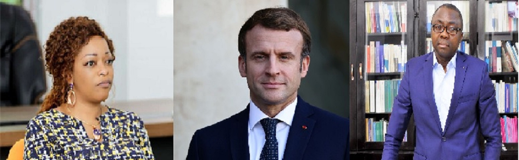 Trois portraits d’hommes et de femmes en tenue formelle, deux en intérieur avec bibliothèque visible, un en extérieur flou en arrière-plan