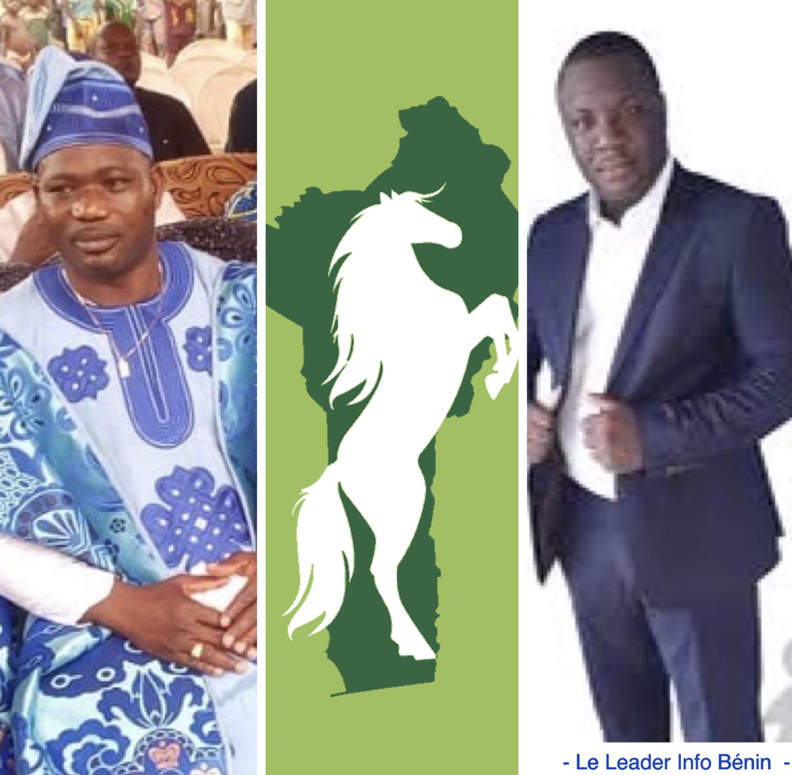 Sur la gauche, un homme en tenue traditionnelle aux motifs bleus, au centre le logo d'un cheval blanc sur fond vert, à droite un homme en costume sombre et chem