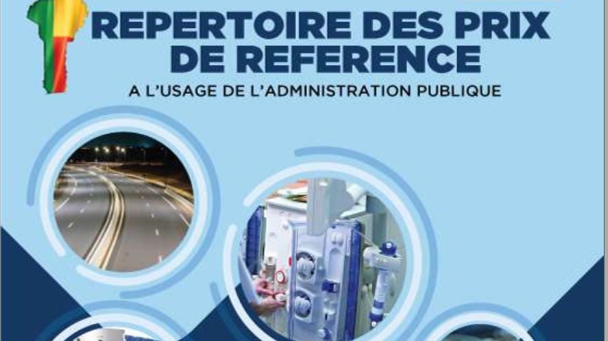 Affiche colorée avec texte sur un répertoire des prix de référence et quatre images circulaires illustrant routes, équipements et produits industriels