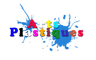 lettres colorées formant le texte arts plastiques sur fond blanc avec éclaboussures de peinture bleue