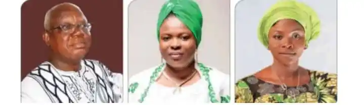 Portraits de trois personnes souriantes sur fond uni marron, deux femmes en tenues colorées avec foulards et un homme en chemise blanche à motifs noirs