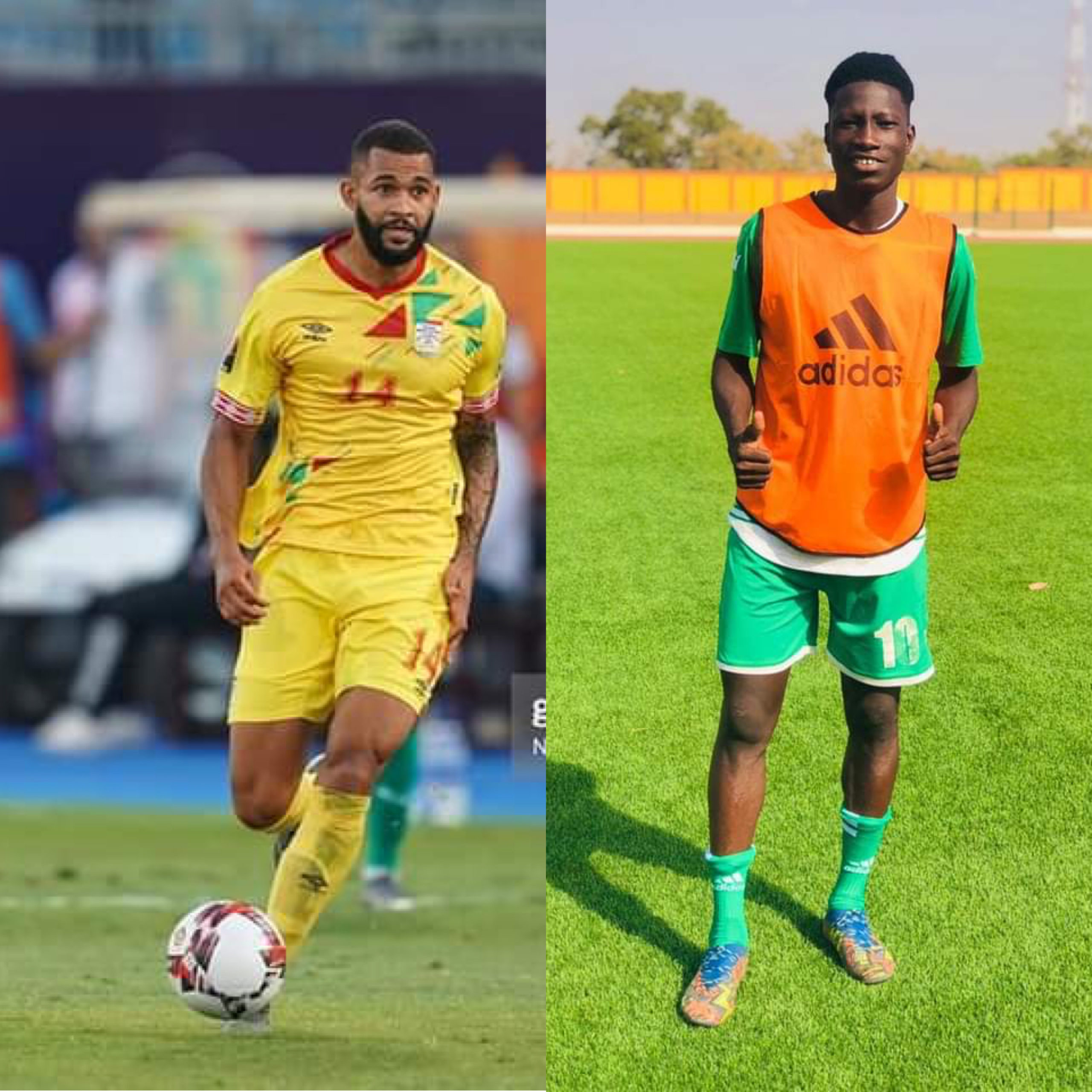 Deux joueurs de football en tenue d’entraînement sur un terrain, l’un avec un ballon au pied, l’autre posant debout sur la pelouse