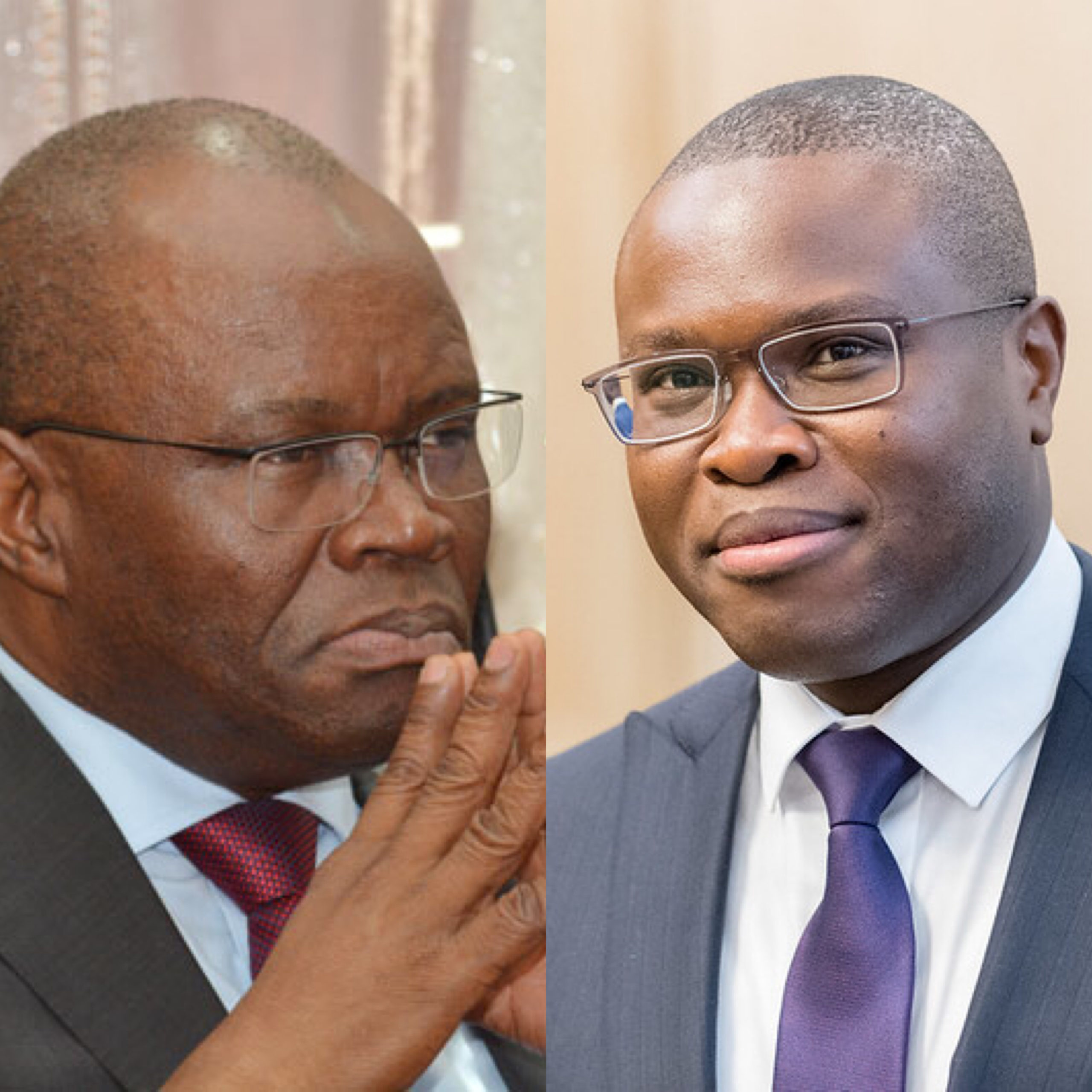 Portraits côte à côte de deux hommes portant des lunettes et des costumes, l'un pensif et l'autre souriant légèrement