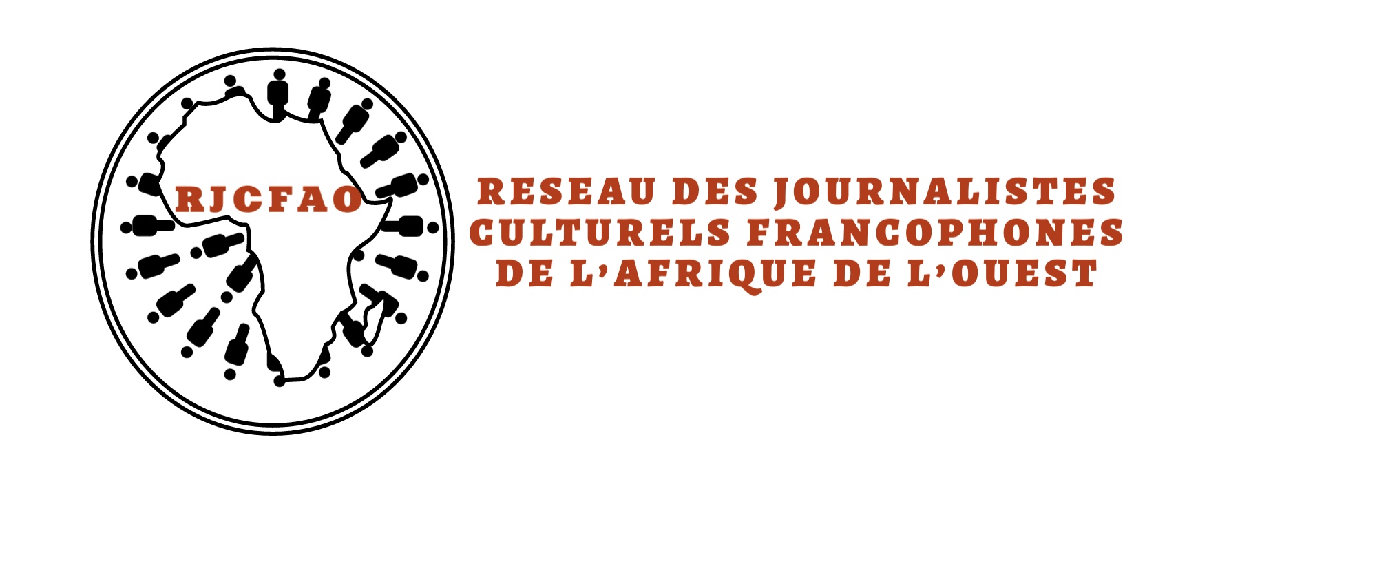 Logo circulaire avec silhouettes humaines reliées par des traits et texte « RJCFAO RESEAU DES JOURNALISTES CULTURELS FRANCOPHONES DE L’AFRIQUE DE L’OUEST