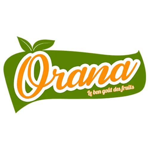 Logo vert et orange avec deux feuilles et le texte Orana Le bon goût des fruits