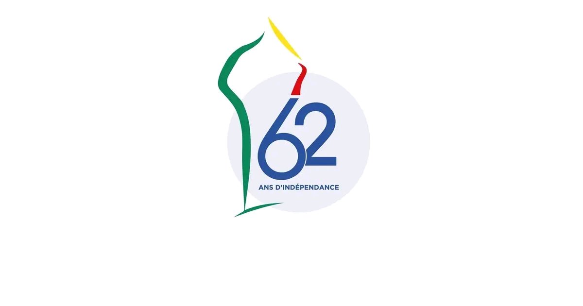 Logo stylisé avec le chiffre 62 et les mots "ANS D'INDÉPENDANCE" sur fond clair
