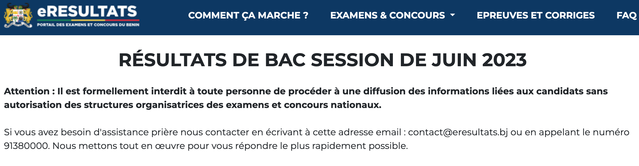 Capture d écran du site officiel affichant les résultats du baccalauréat session de juin 2023 avec un avertissement sur la diffusion des informations