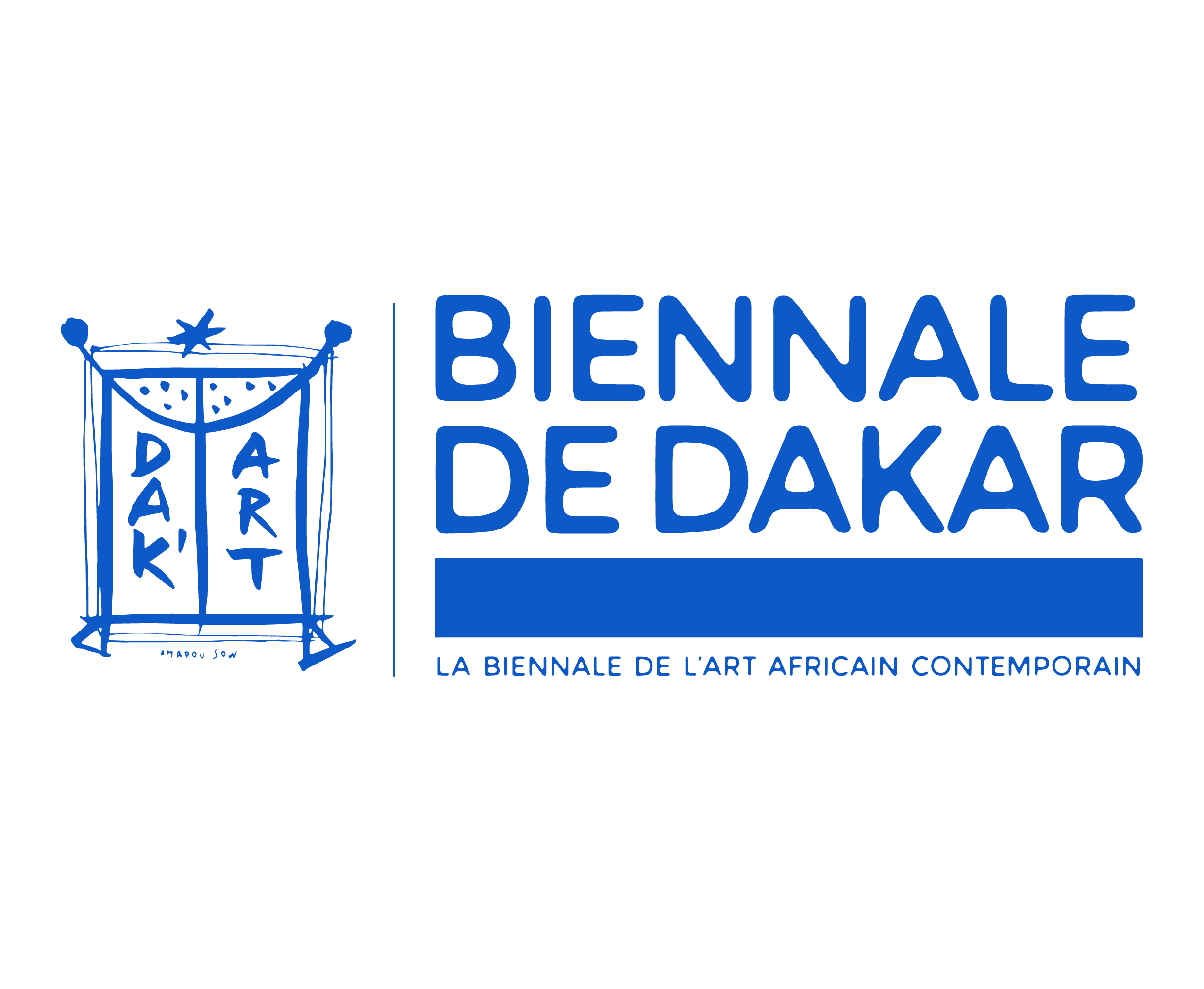 Logo bleu et blanc avec le texte Biennale de Dakar et un dessin stylisé encadrant Dak Art