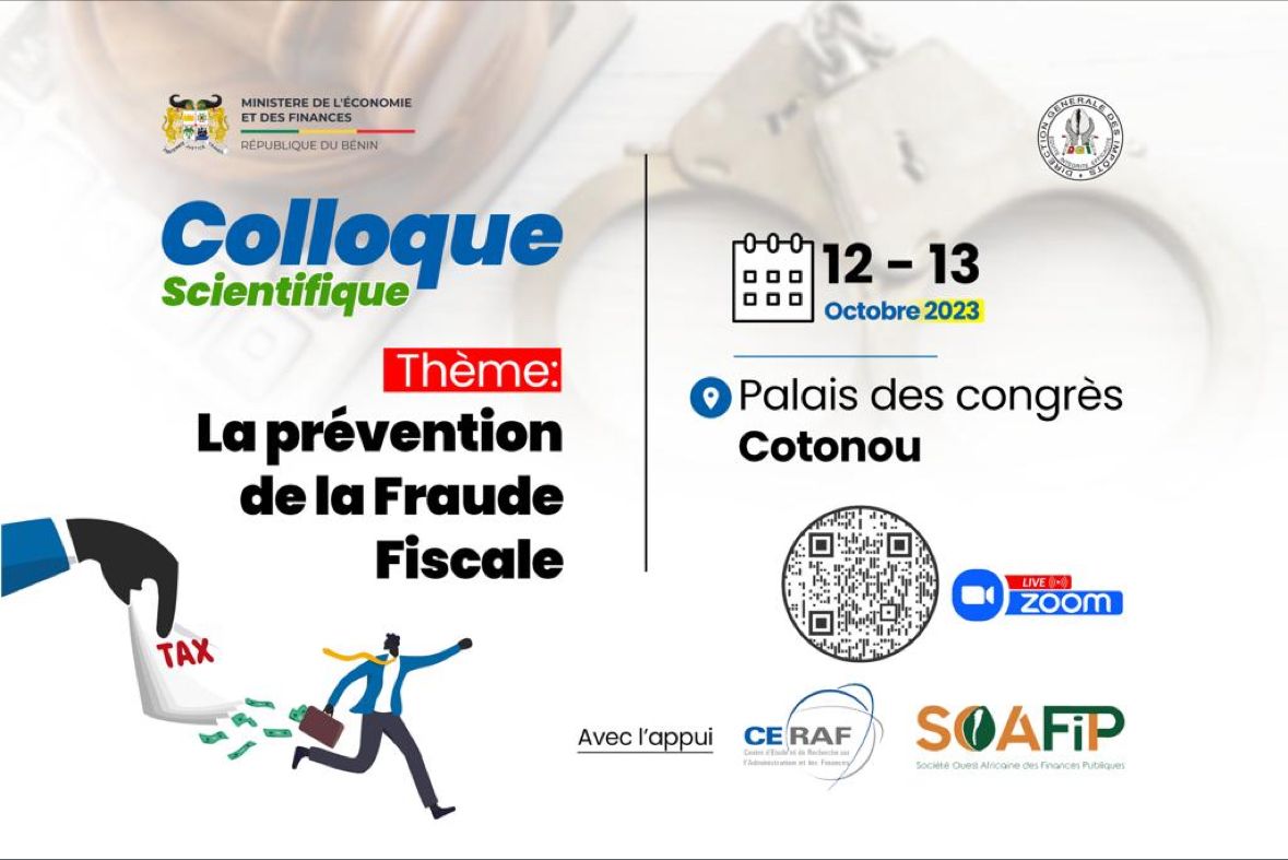 Affiche annonçant un colloque scientifique sur la prévention de la fraude fiscale les 12-13 octobre 2023 au Palais des congrès Cotonou