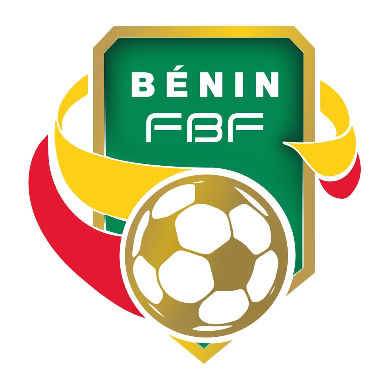Logo aux couleurs verte, jaune et rouge avec un ballon de football blanc et or et les lettres BÉNIN FBF au centre