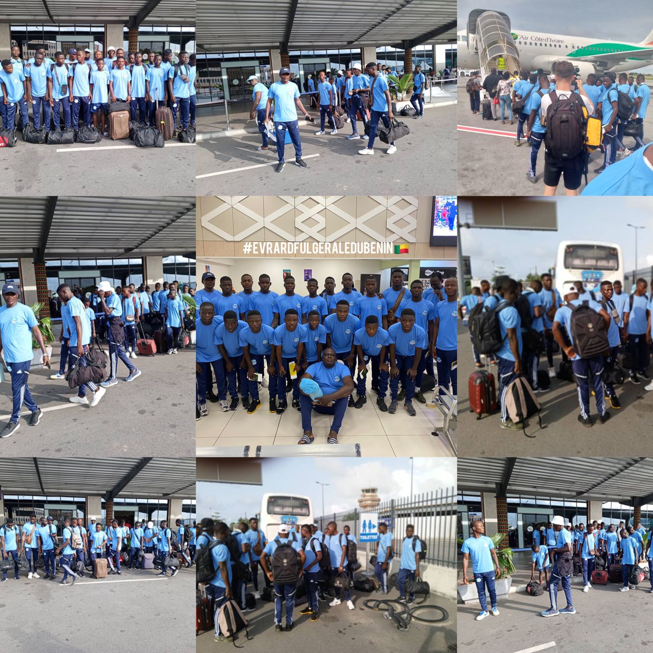 Groupe de jeunes habillés en bleu clair transportant des bagages dans un lieu d'aéroport ou de transport public en plein jour