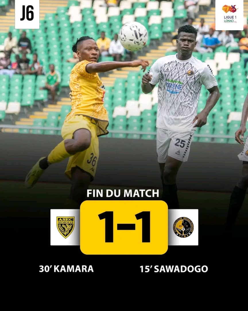 Deux joueurs de football en action lors d’un match avec un score final de 1-1 affiché en surimpression