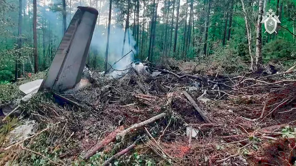 Épave calcinée d’un avion dans une zone boisée avec de la fumée légère et des arbres autour