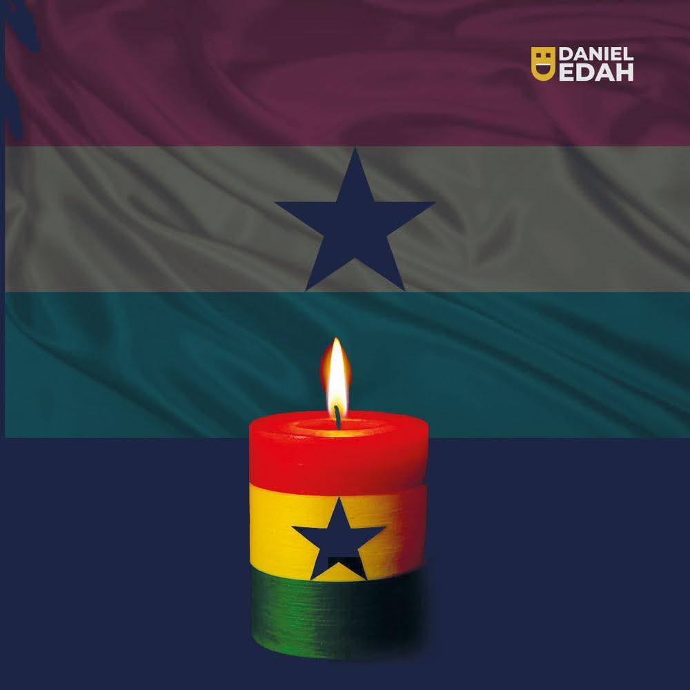 Bougie allumée aux couleurs du drapeau ghanéen avec un drapeau ghanéen en fond et un logo Daniel Edah en haut à droite