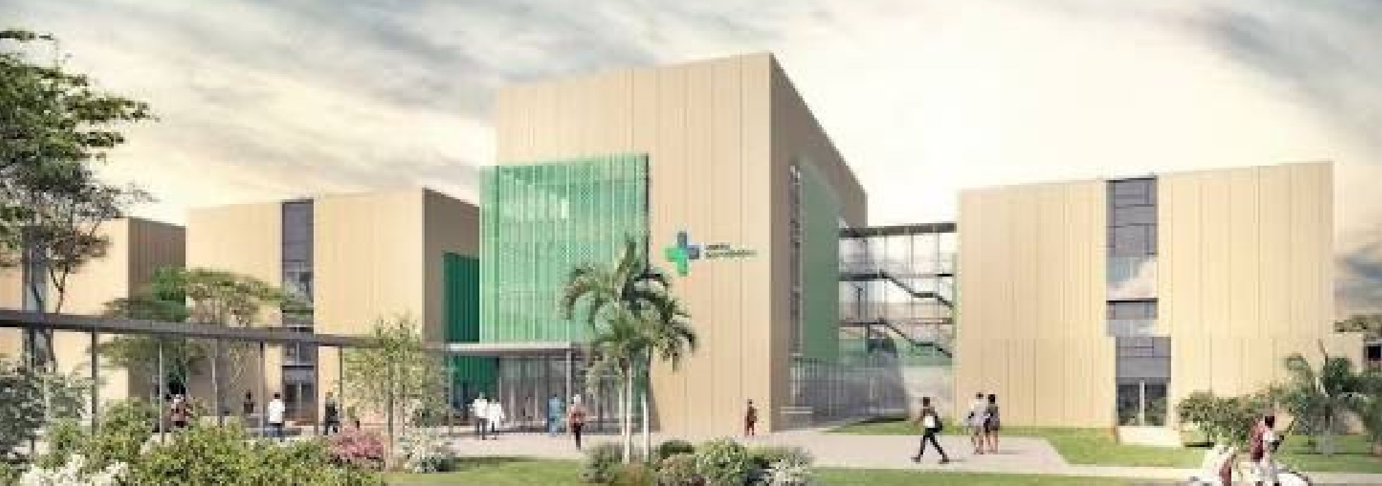 Bâtiment moderne avec une façade claire et un grand symbole de croix verte entouré d'espaces verts et de personnes en marche